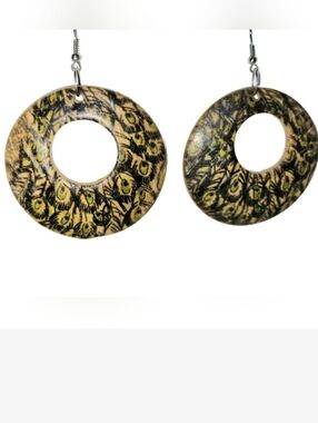 Resin Boho Peacock Dangle Circle Earrings In Yellow, Green, & Black